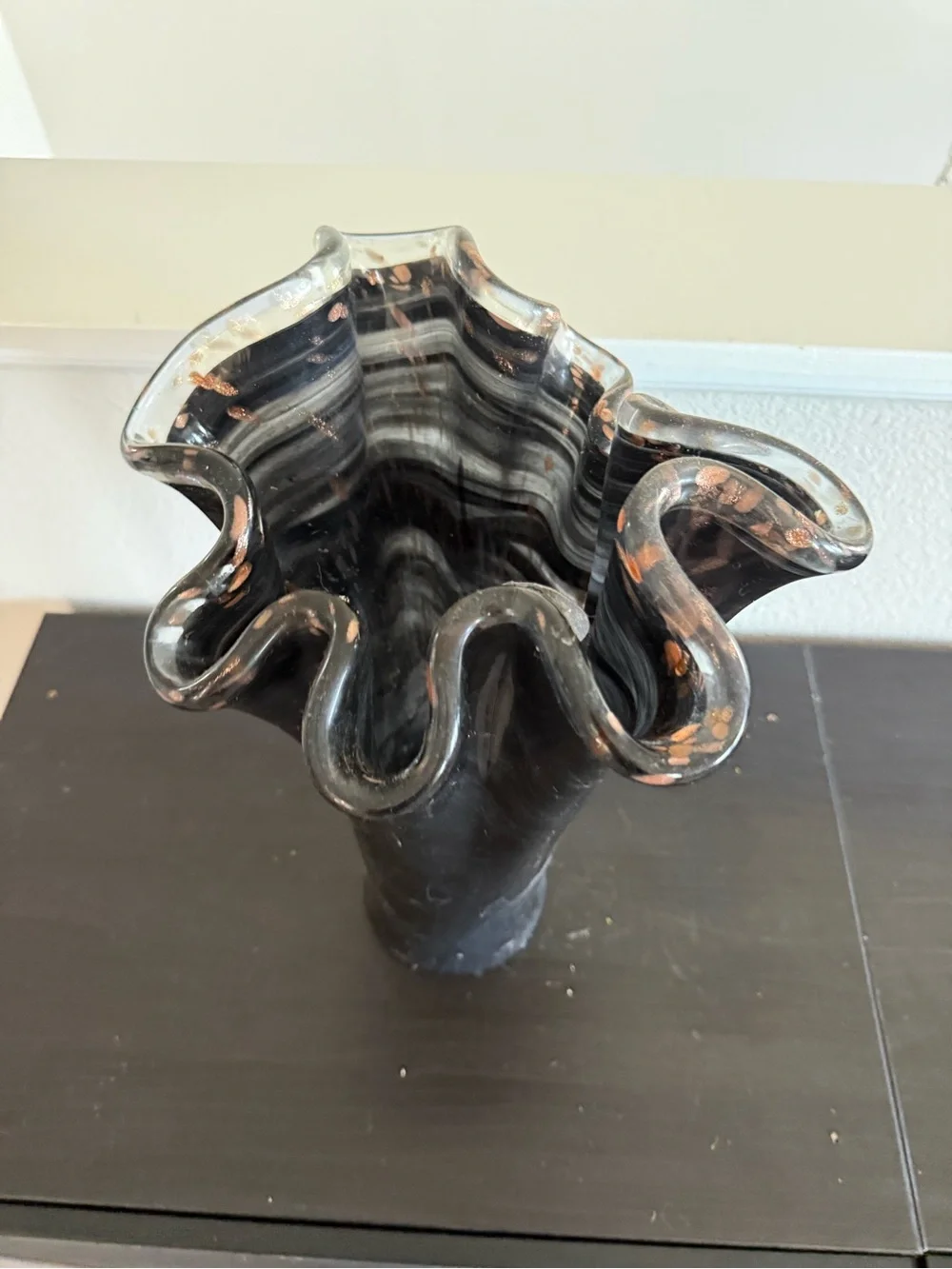murano italy brown- Black Ruffled Glass Vase - Unbranded